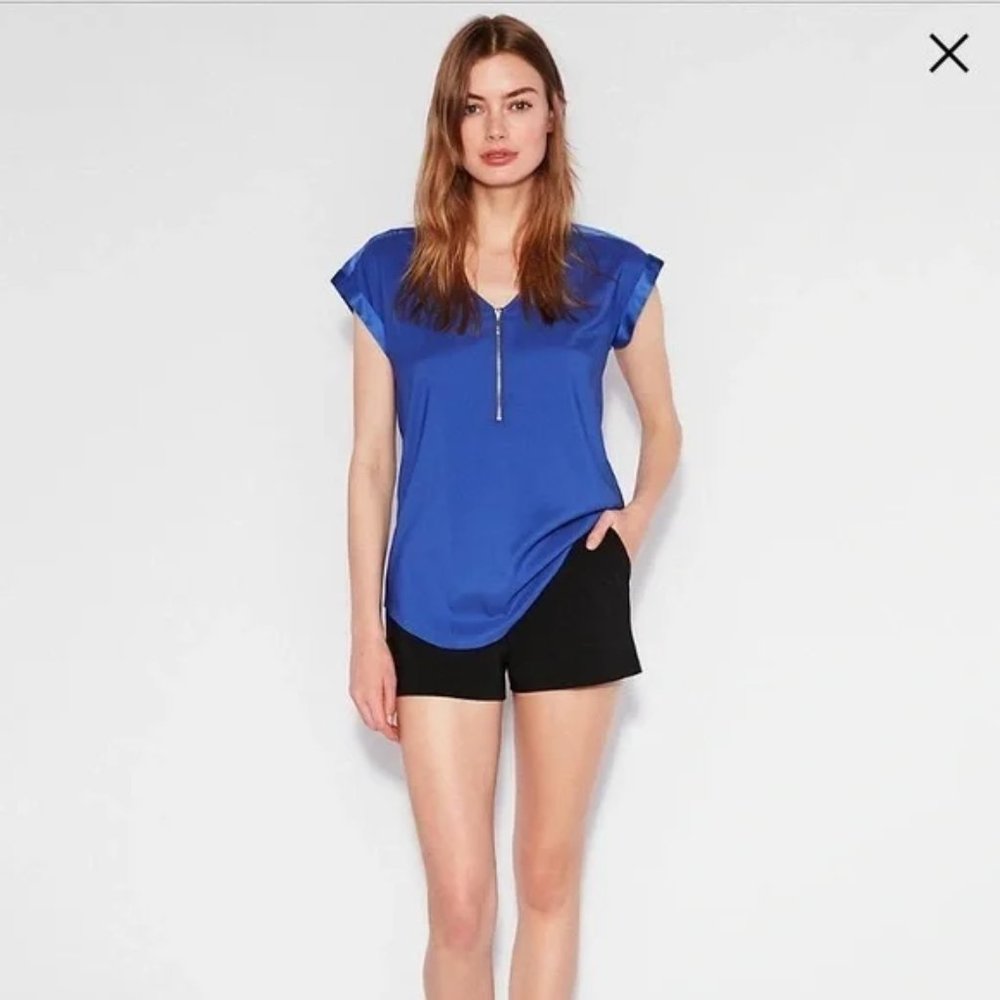 Express royal blue cap sleeve satin top with zip front